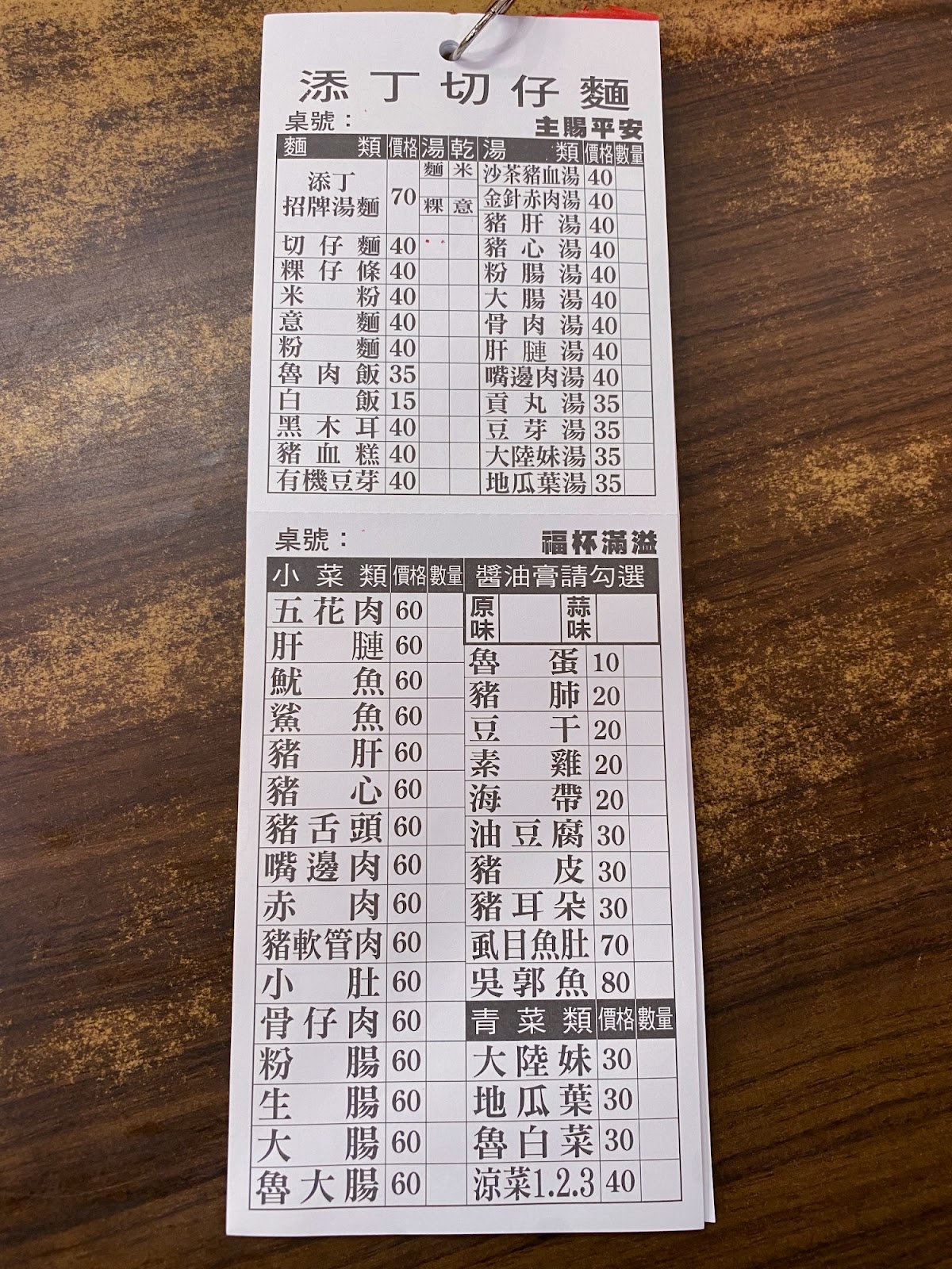 添丁切仔麵 添丁切仔麵 菜單